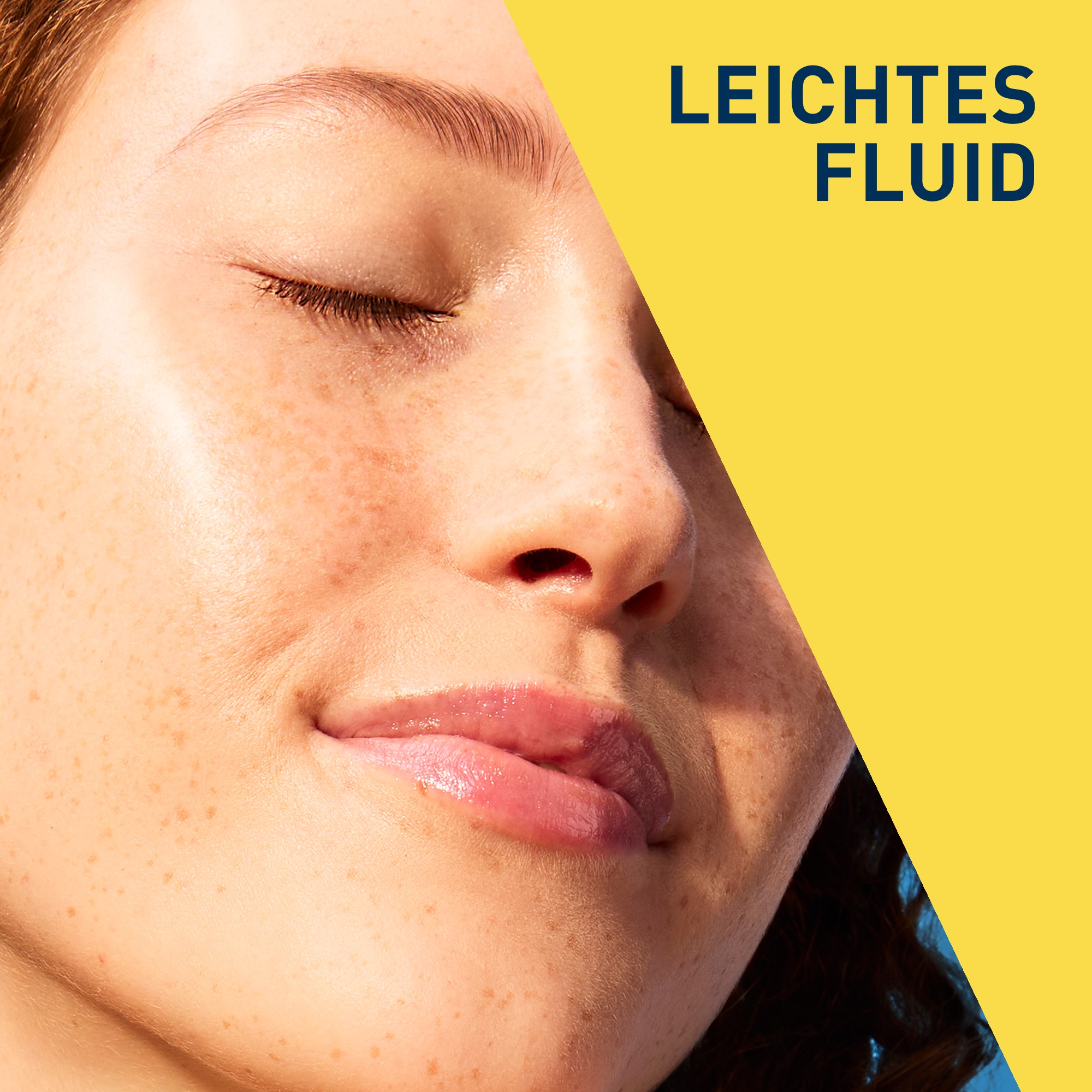 Frau mit Produkt auf Gesicht. Text: Leichtes Fluid. Gelber und blauer Hintergrund.